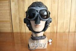 Rare Early Chinese Pilot Leather Flight Helmet (Black Brown Cap), goggles, mic