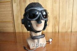 Rare Early Chinese Pilot Leather Flight Helmet (Black Brown Cap), goggles, mic