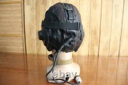 Rare Early Chinese Pilot Leather Flight Helmet (Black Brown Cap), goggles, mic