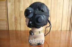 Rare Early Chinese Pilot Leather Flight Helmet (Black Brown Cap), goggles, mic