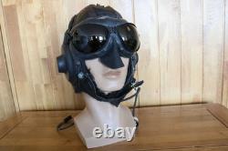 Rare Early Original MiG/Su Pilot Leather Flight Helmet, Brown Goggles