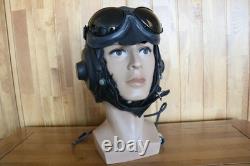 Rare Early Original MiG/Su Pilot Leather Flight Helmet, Brown Goggles
