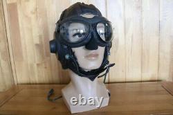 Rare Early Original Pilot Leather Flight Helmet, Aviation Goggles