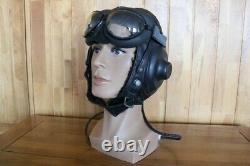 Rare Early Original Pilot Leather Flight Helmet, Aviation Goggles