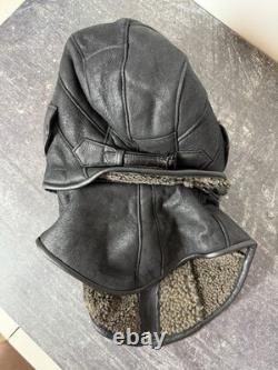Sterkowski Leather Aviator Flight Hood Cap w Neck Collar Black Pilot Helmet 59cm