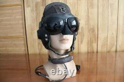 Surplus MiG-15 Pilot Leather Flight Helmet, Throat Microphone, Brown Goggles