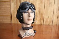 Surplus MiG-15 Pilot Leather Flight Helmet, Throat Microphone, Brown Goggles