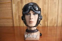 Surplus MiG-15 Pilot Leather Flight Helmet, Throat Microphone, Brown Goggles