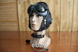 Surplus MiG-15 Pilot Leather Flight Helmet, Throat Microphone, Brown Goggles