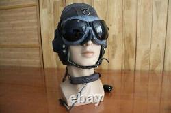 Surplus MiG-15 Pilot Leather Flight Helmet, Throat Microphone, Brown Goggles