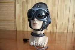 Surplus MiG-15 Pilot Leather Flight Helmet, Throat Microphone, Brown Goggles