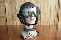 Surplus MiG-15 Pilot Leather Flight Helmet, throat Microphone, goggles