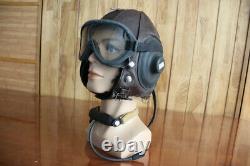 Surplus MiG-15 Pilot Leather Flight Helmet, throat Microphone, goggles