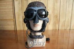 Surplus MiG-15 Pilot Winter Leather Flight Helmet, Throat Radio, Brown Goggles