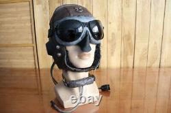 Surplus MiG-15 Pilot Winter Leather Flight Helmet, Throat Radio, Brown Goggles