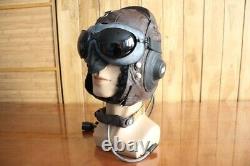 Surplus MiG-15 Pilot Winter Leather Flight Helmet, Throat Radio, Brown Goggles