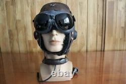 Surplus MiG Pilot Winter Leather Flight Helmet, Throat Radio, Brown Goggles