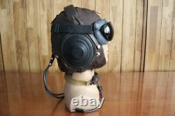 Surplus MiG Pilot Winter Leather Flight Helmet, Throat Radio, Brown Goggles