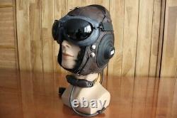 Surplus MiG Pilot Winter Leather Flight Helmet, Throat Radio, Brown Goggles