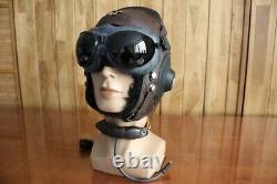 Surplus MiG Pilot Winter Leather Flight Helmet, Throat Radio, Brown Goggles