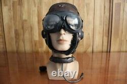 Surplus MiG Pilot Winter Leather Flight Helmet, Throat Radio, Goggles