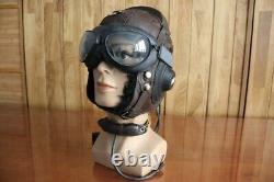 Surplus MiG Pilot Winter Leather Flight Helmet, Throat Radio, Goggles