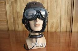 Surplus Mig-15 Pilot Winter Leather Flight Helmet, Throat Microphone, Goggles