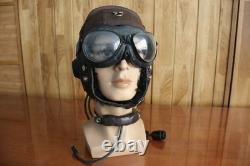 Surplus Mig-15 Pilot Winter Leather Flight Helmet, Throat Microphone, Goggles
