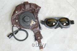 Surplus Original MiG-15 Pilot Winter Leather Flight Helmet, Dark Brown Goggles