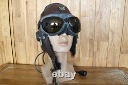 Surplus Original MiG-15 Pilot Winter Leather Flight Helmet, Dark Brown Goggles