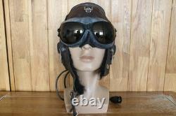 Surplus Original MiG-15 Pilot Winter Leather Flight Helmet, Dark Brown Goggles