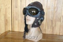Surplus Original MiG-15 Pilot Winter Leather Flight Helmet, Dark Brown Goggles