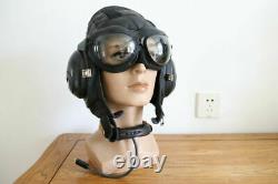 Used air force fighter pilot leather flight helmet, aviation goggles, microphone