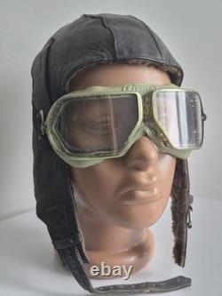 VTG USSR Air Force Leather Winter Pilot Flight Helmet / Aviator Hat, M size