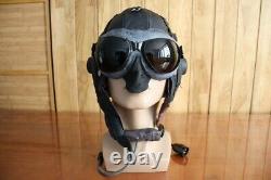 Vintage 1960's chinese pilot leather flight helmet, throat microphone, goggles