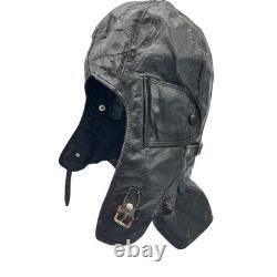 Vintage Black Leather Flight Helmet Aviator Cap Motorcycle Hat Size 60 Prop