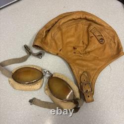 Vintage Leather Aviator Flight Cap Pilot Helmet Goggles Gordon Aerotogs Military