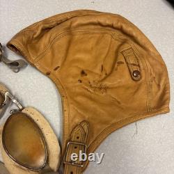 Vintage Leather Aviator Flight Cap Pilot Helmet Goggles Gordon Aerotogs Military
