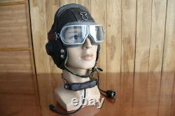 Vintage MiG Fighter Pilot Leather Flight Helmet, Throat Microphone, Goggles