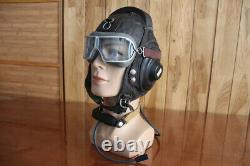 Vintage MiG Fighter Pilot Leather Flight Helmet, Throat Microphone, Goggles