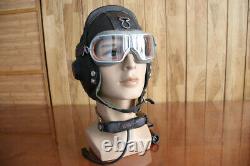 Vintage MiG Fighter Pilot Leather Flight Helmet, Throat Microphone, Goggles