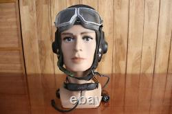 Vintage MiG Fighter Pilot Leather Flight Helmet, Throat Microphone, Goggles