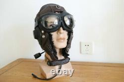 Vintage Mig-15 Pilot Leather Flight Helmet, throat Microphone Goggles