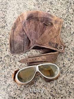 Vintage Scully Air Mail Leather Aviator Flight Cap Pilot Helmet Goggles Medium