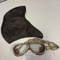Vintage Scully Air Mail Leather Aviator Flight Cap Pilot Helmet Goggles Medium