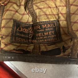 Vintage Scully Air Mail Leather Aviator Flight Cap Pilot Helmet Goggles Medium