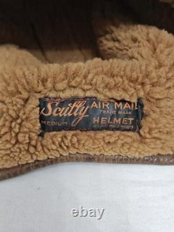 Vintage Scully Brothers Leather Aviator Flight Helmet Shearling Lined 1940s-50s