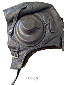 Vintage Soviet USSR Pilot Leather Flight Helmet Fur Lined 1956 Moscow Cold War
