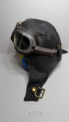 Vintage Split-S Aviation Leather Flight Helmet with Stadium pilot goggles