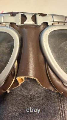 Vintage Split-S Aviation Leather Flight Helmet with Stadium pilot goggles
